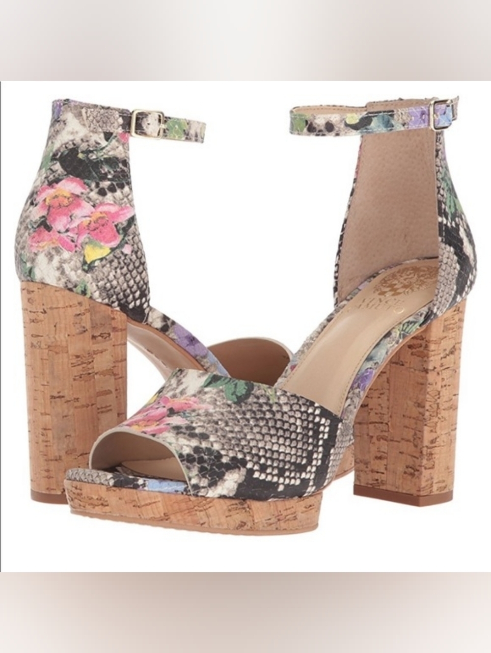 Vince Camuto Floral Snake Print Cork Platform Sandals  Pink Green Purple Sz9 New